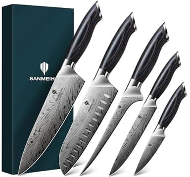 SANMEIHO Set Coltelli Cucina Professionali 5 Pezzi, Coltello Giapponesi Acciaio in Polvere 63 HRC, Set Coltelli Cucina Affilati 12°, Manico Legno Naturale