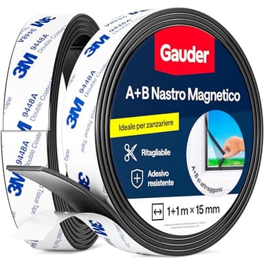 GAUDER Nastro Magnetico A+B per Zanzariere - Strisce Magnetiche Autoadesive con Forte Attrazione Reciproca - Nastro Magnetico con Contropartita & Adesivo Potente (1+1 m)