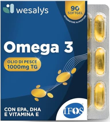 Omega 3 IFOS 5 Stelle Certificato, 90 capsule in Blister da 1000mg in forma Trigliceride, Senza Retrogusto. Olio di pesce ad Alto dosaggio, Ricco di EPA e DHA, Trigliceridi, Cuore, Cervello, WESALYS