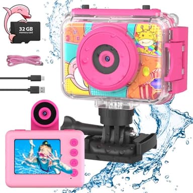 CHAKEYAKE Macchina Fotografica Bambini, 2.0” Fotocamera Digitale Impermeabile, 1080P 180 °Flip Len, Subacquea Macchina Fotografica Giocattolo Videocamera con Scheda SD 32G per Bambini 3-12 anni