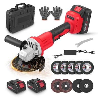 Smerigliatrice angolare a batteria brushless 21V, velocità fino a 13500 giri/min Inclusi dischi da taglio, dischi da sbavo e dischi per lucidatura Dotata di due batterie da 21V 3,0Ah Diametro 125 mm