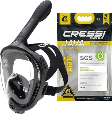 CRESSI Java Full Face Mask Black/Black L/Xl - Maschera Snorkeling Integrale Compact Fit Unisex, Lente Ultra Chiara Anti Fog, 100% Silicone, Snorkel Dry con Valvole Sicurezza, Nero/Nero, L/XL