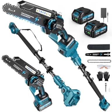 2-in-1 Mini Motosega a Batteria con Asta Telescopica, 8 Pollici Motosega Telescopica Senza Spazzole con 2x4000mAh Batterie, Altezza Di Lavoro 4m
