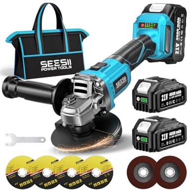 SEESII Smerigliatrice Angolare a Batteria 125mm, Smerigliatrice Angolare Senza Fili con 2 Batterie da 4000mAh, 21V Flessibile Motore Brushless 10.000 Giri/min, Dischi da Taglio