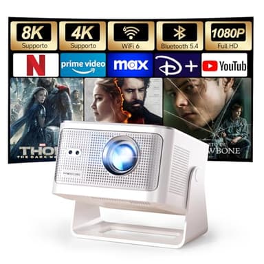 [Apps integrate] Mini Proiettore 4K & 8K Supporta, Proiettore Portatile 1080P con WiFi 6 Bluetooth 5.4, 600ANSI Messa Fuoco Automatica, Correzione Automatica Del Trapezzo, Rotazione 180° HY350MAX