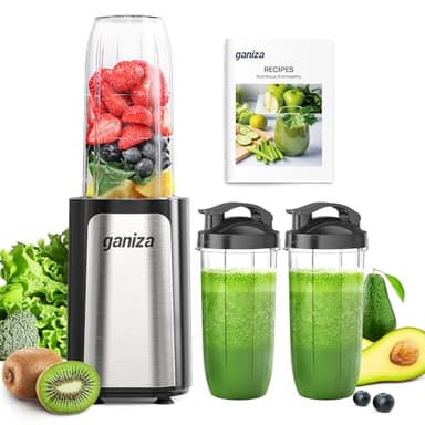 Ganiza Frullatore, 900 W, mini frullatore con 3 bicchieri portatili (2 × 500 ml & 1 × 700 ml), lama a quattro lame in acciaio inox, senza BPA, facile da pulire, frullatore elettrico per shake