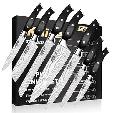 SCOLE® set coltelli da cucina 7 Pezzi in Acciaio Inossidabile Tedesco 1.4116 - Coltelli Professionali da Cucina con Lama Affilata e Manico Ergonomico - Per Carne, Pesce e Verdura - Con Scatola Regalo