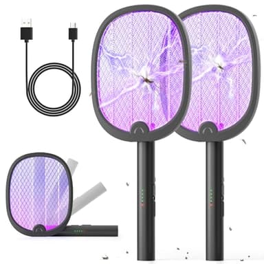 YISSVIC 2 Racchetta Zanzare Elettrica, Pieghevole 4000V con USB Ricaricabile e LED Trappola per Zanzare 1800mAh, 3 in 1 Adatto per Interni ed Esterni Nero