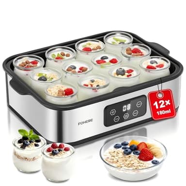FOHERE Yogurtiera Elettrica con LCD Display, 12 Vasetti da 180 ml in Vetro, Timer 48 Ore e Controllo Costante Della Temperatura, BPA Free, Yogurt Greco, Ideale per Yogurt Fatti In Casa