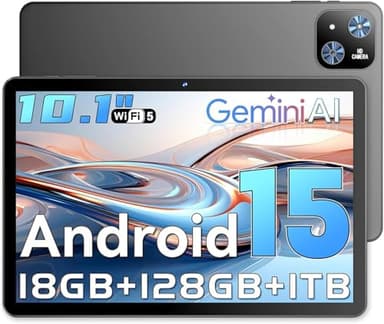 Tablet 10 Pollici, Tablet Android 15 con Gemini AI, 18 GB RAM + 128 GB ROM + 1 TB TF, Quad-Core, Schermo Touch IPS HD 1280x800, Batteria 6000 mAh, Widevine L1, WiFi 5G & BT 5.0, Fotocamera 8MP + 5MP