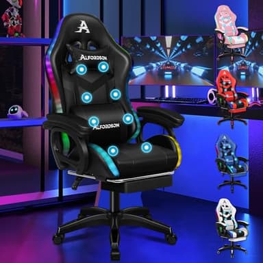 ALFORDSON Sedia Gaming Massaggiante con Luci LED,Sedia Ergonomica Gamer per Ufficio Domestico,Poltrona Scrivania con Poggiapiedi,Schienale Regolabile 90-150°,Portata 180KG, Similpelle(Nera)