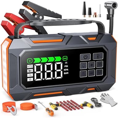 TREKURE 16-in-1 Booster Avviamento Auto da 8000A e Compressore 160PSI, Avviatore Emergenza per Auto Con Guasto Car Kit, Traino Corda, Guanti E Luci, Avviatore Batteria per Tutti Gas o 12L Diesel