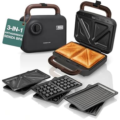 LEBENLANG Sandwich Maker 3 in 1-750 W Incl. 3 inserti per Grill, Sandwich & Waffle I Tostiera elettrica piastre 3 in 1 Piastra toast Toastiera Elettrica Waffle Maker Toaster Sandwich Griglia Toast