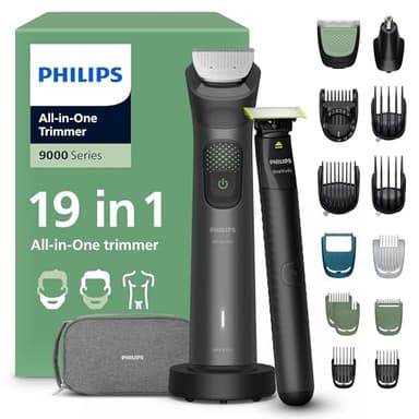 Philips Rifinitore All-in-one Multigroom Serie 9000 19 in 1 - Rasoio + Rifinitore uomo OneBlade - Set completo per viso, testa e corpo, 27 impostazioni di lunghezza (0,2-20 mm), Modello MG9556/15
