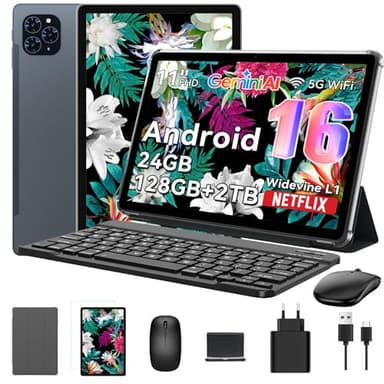 Tablet 2025 Primo al mondo Android 16 Tablets Gemini AI, Display FHD da 11 Pollici, 24GB RAM + 128GB RAM/ 2TB TF, 13MP, 8000mAh, Widevine L1, 5G WiFi, GPS, Face ID, Tablet con tastiera e Penna
