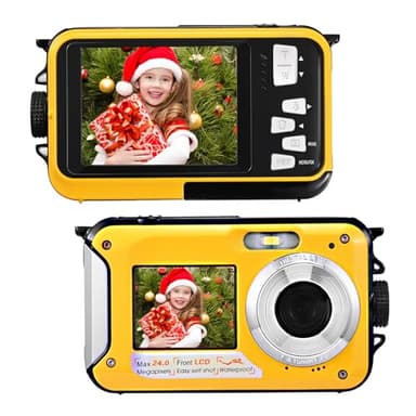 Fotocamera Digitale Impermeabile,Couleeur Macchina Fotografica Subacquea Full HD 2.7K 48MP Doppio Schermo Anti-Shake con Microfono LED Autoscatto e Zoom Digitale 16X per Bambini Adolescenti(Giallo)