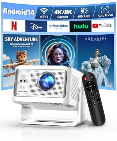 Alwtniet Proiettore Portatile 4K 8K [1080P Nativo e App Integrate] Mini Videoproiettore WiFi 6 Bluetooth 5.4 Android 14 Auto Keystone 6D/Auto Evita Ostacoli per Telefono, Smart TV, HDMI,USB HY350 Max