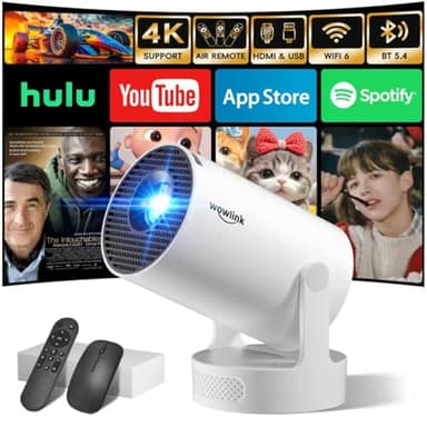 [Apps integrate & 2026 Upgraded] Mini Proiettore con WiFi 6 Bluetooth 5.4 Support 4K 1080P Auto Keystone Rotabile 180° Proiettore Portatile Compatibile con HDMI/TV Stick/Memory Stick/Laptop, Bianco