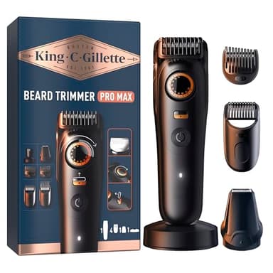 King C. Gillette Rasoio Elettrico Barba Pro MAX, Regolabarba Uomo Senza Fili, 40 Impostazioni Lunghezza, Blocco Sicurezza, Spazzolina Pulizia, 4 Pettini Intercambiabili, Base Ricarica, Custodia Zip