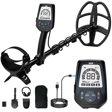 SUNPOW Metal Detector Professionale Ricaricabile per Adulti – 6 Tipi di Metallo, Bobina Impermeabile IP68, Display LCD, 5 Modalità di Ricerca per Spiaggia/Fiume/Outdoor | OT-MD16