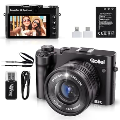 Fotocamera Digitale 5K 64MP Rollei, Powerflex X8 Dual Lens Macchina Fotografica con Zoom 8X e Touchscreen da 3.6" Digital Camera Compatta Dual Obiettivo Nero, Fotocamera-Digitale-Macchina-Fotografica