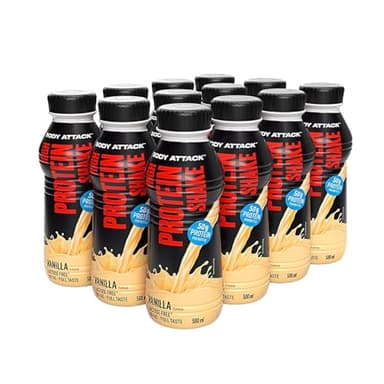 Body Attack High Protein Shake, 50g di proteine, Fitness shake ipocalorico con proteine del latte per lo sviluppo muscolare, Già pronto e ideale da bere quando si è in movimento, Vanilla (12 x 500ml)