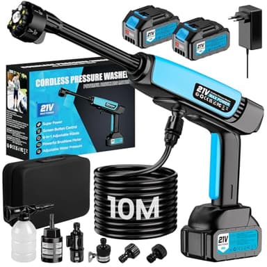 Idropulitrice Portatile a Batteria,Idropulitrice a Batteria 21V 80 bar,2x 4000mAh Ricaricabile Ugello 6 in 1 Tubo da 10M,Senza Fili Potente Pulivapor Portatile,Per Giardino Auto e Pulizie Esterne Casa