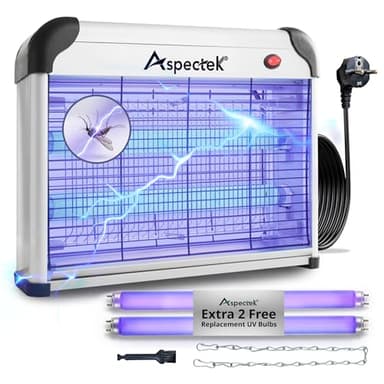 ASPECTEK Lampada Antizanzare Elettrica 20W 2800V – Sterminatore di Insetti e Mosche per Interni, Trappola per Insetti Volanti (Zanzare, Mosche, Moscerini), Include 2 Lampadine UV di Ricambio
