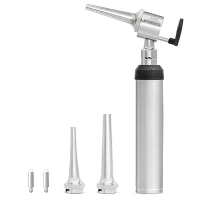 AIESI® Otoscopio Veterinario professionale a testa aperta illuminazione LED 3V a luce bianca con 3 coni in acciaio inox VETSCOPE, fornito con lampadina di ricambio, Garanzia Italia 24 mesi