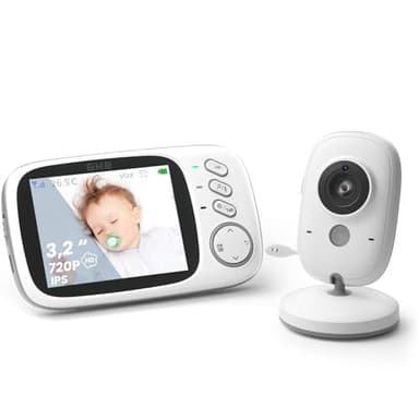 GHB Baby Monitor Video e Audio 3.2'', Telecamera Bambini con Monitor 1000mAh, Visione Notturna, Rilevamento della Temperatura, Interfono Bidirezionale, VOX, Ninne Nanne