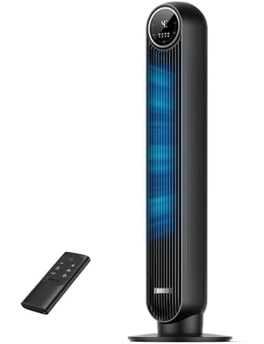 DREO 20dB Ventilatore a Torre Silenzioso, Potente 7.6 m/s, Ventilatori a Colonna con Telecomando, 4 Modalità, 4 Velocità, Oscillazione a 90°, Timer da 1 a 8 ore, Schermo LED, per la Camera da Letto
