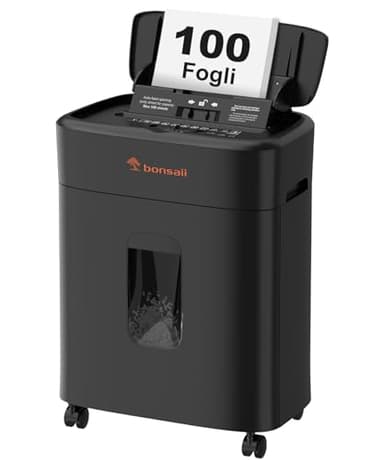 Bonsaii Distruggidocumenti, taglio micro-particellare P4, alimentazione automatica fino a 100 fogli, sistema anti-intasamento, 30 min continuo, contenitore da 16L – Per ufficio e casa, C231-D
