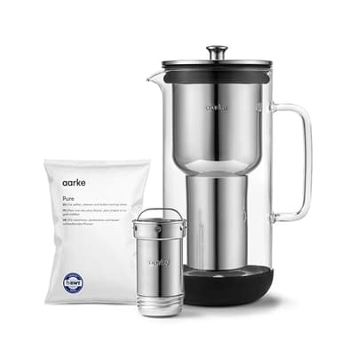 Aarke Purificatore, caraffa filtrante in vetro e acciaio inox, 2,4 l/10 tazze, con sacchetto di ricarica aarke Pure