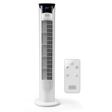 BLACK+DECKER BXEFT48E Ventilatore a Torre Digitale Oscillante e Silenzioso, con Telecomando, Altezza 81 cm, 3 Velocità 3 Modi Timer 12h Temperatura Ambiente Potente, Bianco