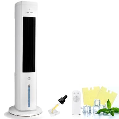 Taylor Swoden Raffreddatore d'Aria 5 in 1 con Tecnologia ION e Diffusore di Aromi, Raffrescatore Evaporativo Silenzioso 5L, Oscillazione 75°, 3 Velocità/Modalità, Timer 7h, Telecomando, 45W, Bianco