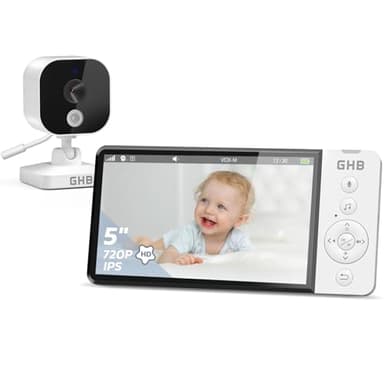 GHB Baby Monitor Video e Audio 5", Telecamera Neonato con Schermo IPS 5000mAh, Visione Notturna, Sensore di Temperatura, VOX, Ninnananna