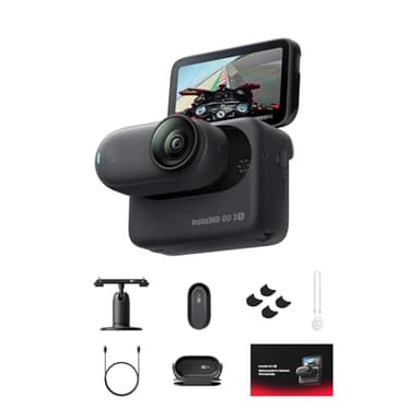 Insta360 GO 3S 128GB Nero-Cam 4K per vlogging, POV a mani libere, montaggio magnetico, stabilizzazione, 140 minuti di autonomia, impermeabilità fino a 10 m, editing IA (Pack Moto POV-128G, Nero Notte)