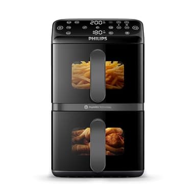 Philips Airfryer Serie 4000, Friggitrice ad Aria Doppio cestello Verticale da 10L, Tecnologia RapidAir, Funzione Sync, Rivestimento in ceramica no PFAS, Finestre, 45% più piccola (NA460/00)