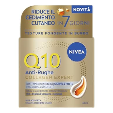 NIVEA Q10 Collagen Expert Trattamento Intensivo Giorno & Notte 50 ml, Crema Collagene viso, collo e dècolletè con Coenzima Q10, Crema antirughe viso idratante, Skincare per pelle molto secca e matura