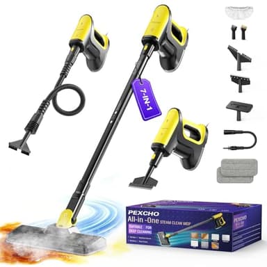 PEXCHO Scopa a Vapore Multifunzione 7 in 1, 1500W Pulitore a Vapore Elimina il 99,9% di Virus e Batteri, Si riscalda in 15 secondi, Serbatoio Estraibile, Lavapavimenti a Vapore Senza Prodotti Chimici