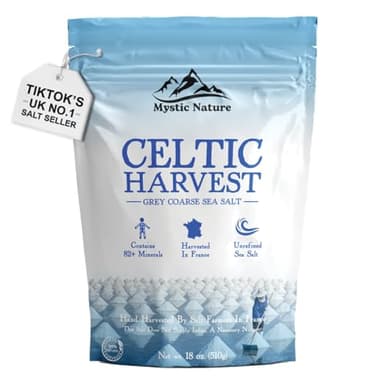 Mystic Nature Sale marino celtico, 500 g, sale celtico non raffinato 100% naturale, raccolto a mano utilizzando pratiche sostenibili ed ecologiche, contiene oltre 82 minerali