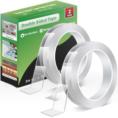Euqvunn Nastro Biadesivo Extra Forte, Nano Nastro Adesivo Trasparente, Rimovibili e Resistente All'acqua, per Poster/Appendere a Muro/Tappeti, 2 Rotoli (3,0 m× 2,0 cm × 1 mm)