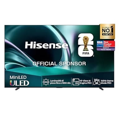 Hisense TV 100" Mini-LED 165Hz 4K 2025 100U7Q, Matte Display, Smart TV VIDAA U9 con 1000+APP, Dolby Vision IQ, HDR 10+ Adaptive, 165Hz Game Mode Ultra, Dolby Atmos 2.1 con Subwoofer, Alexa Built-in