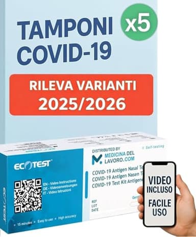 5 x Tamponi Covid 19 Rapido 2026 Nasale PRONTO ALL'USO, Kit Rapido Tampone per l'Antigene SARS-COV-2 Validato Nuove Varianti 2025/2026. Sensibilità 100% a carica virale alta (5 TEST)