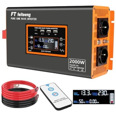 2000W/4000W inverter 12v 220v onda pura, inverter auto 12v 220v onda pura con display LCD, Telecomando,porta USB-C e porta QC 3.0 per veicoli di emergenz,camper, camion ect