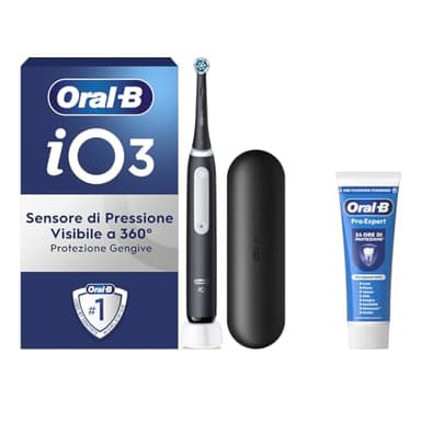 Oral-B iO 3 Spazzolino Elettrico Ricaricabile, con 1 Testina di Ricambio, Nero - 1 Testine di Ricambio per Spazzolino Elettrico, Custodia da Viaggio + 1 Dentifricio Pro Expert, Pulizia Denti Efficace