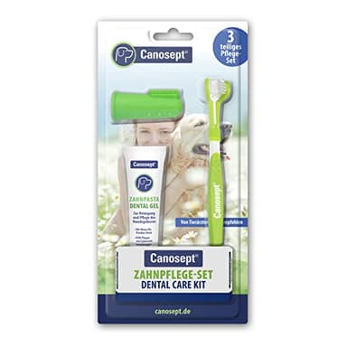 Canosept Set pulizia denti cane (3 pezzi) - spazzolino per cani - dentifricio per cani - spazzolino cani da dito - alitosi cane - denti cane - Cura dentale ottimale del cane - alitosi cane