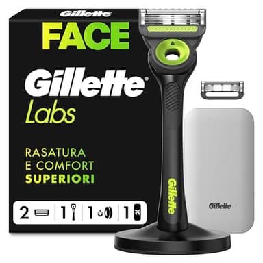 Gillette LABS RASOIO UOMO, con 2 LAMETTE DA BARBA di Ricambio, Base Magnetica e BARRA INTEGRATA Elimina Impurità Pelle, Rasatura Facile, Comfort Ottimale, CUSTODIA DA VIAGGIO, Nero e Verde,Idea Regalo