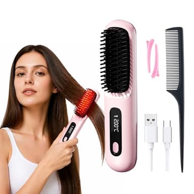 Spazzola Lisciante per Capelli 3 Temperature (160-180-200℃) Display LED Portatile Spazzola Lisciante Senza Fili per Capelli Corti Riscaldamento Rapido
