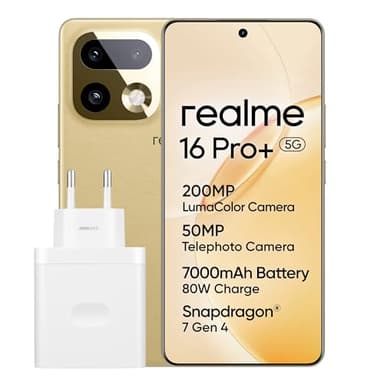 realme 16 Pro+ 5G Smartphone 12+512GB, Fotocamera 200MP, Display AMOLED Curvo 6.8" 144Hz, Batteria 7000mAh 80W, Snapdragon 7 Gen 4, Oro premium